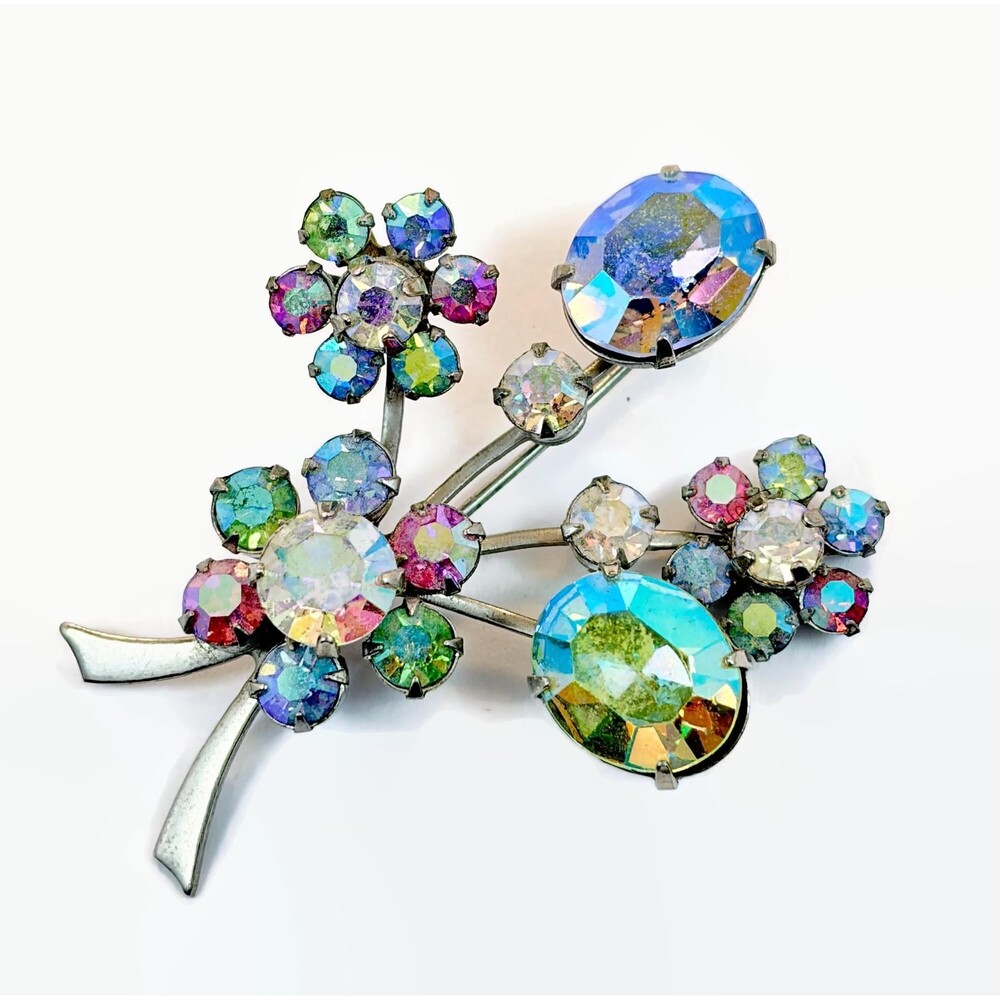 Vintage Brooch, Flowers, Bouquet, AB, Rhinestones, Silver Tone, 50s, 60s